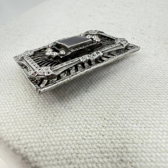 Art Deco Style Brooch Rhinestone Black Square Gem Silver Tone Filigree - Picture 7 of 10